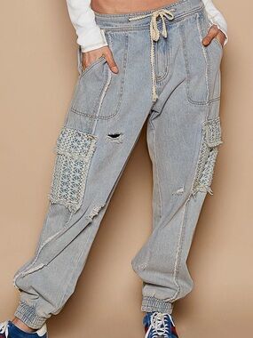 Light Wash Crochet Patch Women’s Denim  Cargo Joggers
